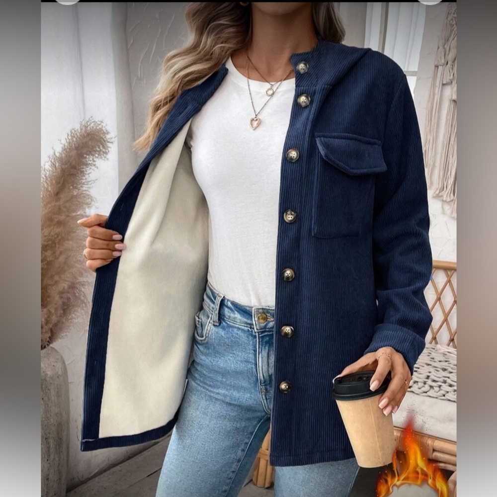 Navy Bkue Corduroy Teddy Lined Women's Jacket - Picture 5 of 7